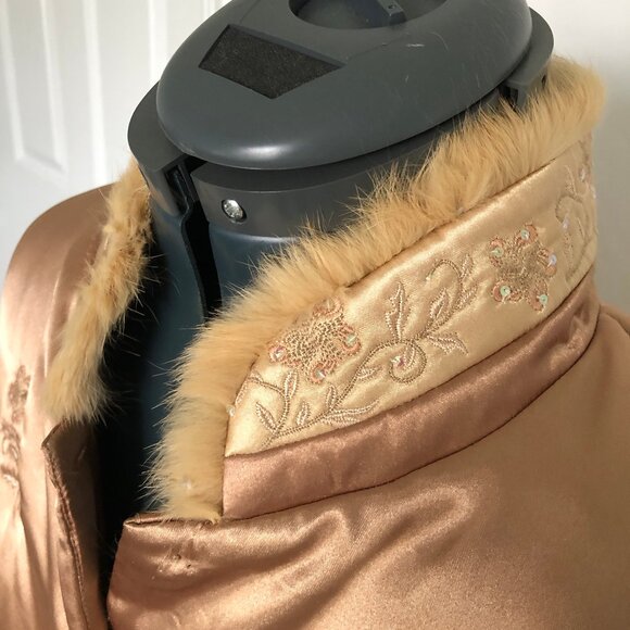 Light Copper Color Satiny Jacket with Embroidered Flowers and faux fur trim - Picture 5 of 14